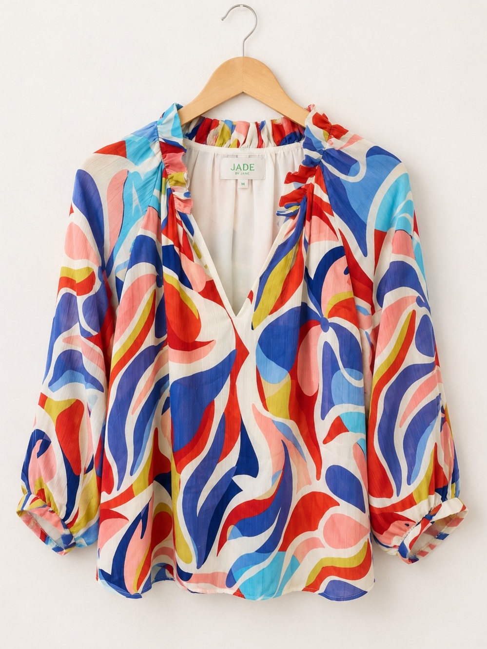 Jade Swirled Flowy Multicolor Ruffle V-Neck 3/4 Balloon Sleeve Lined Blouse
